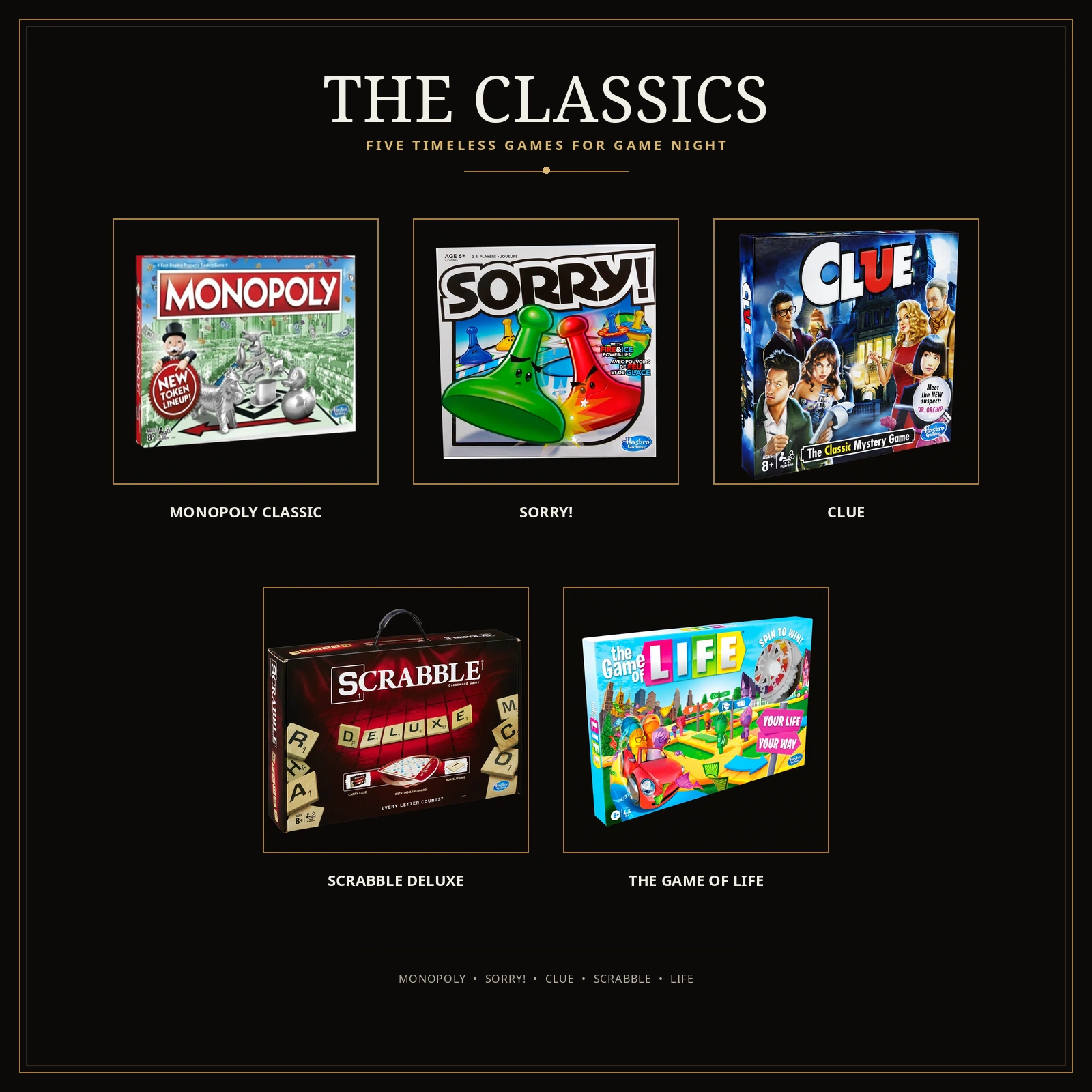 The Classics collection featuring Monopoly, Sorry!, Clue, Scrabble Deluxe, and The Game of Life