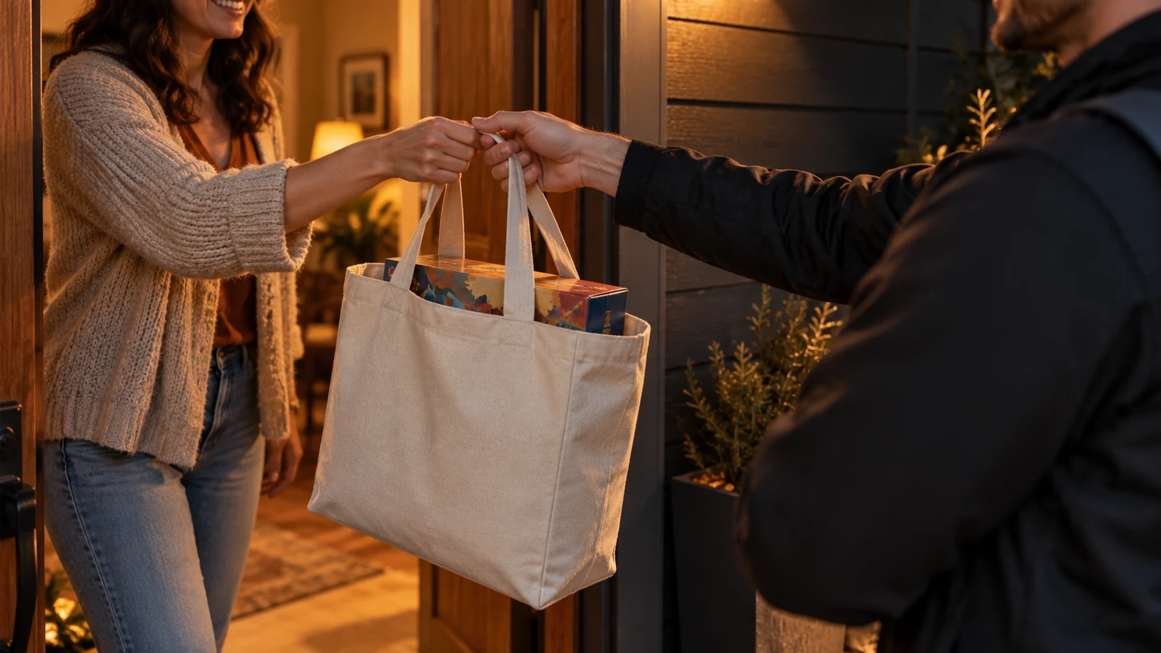 A customer receives a board-game tote at the front door