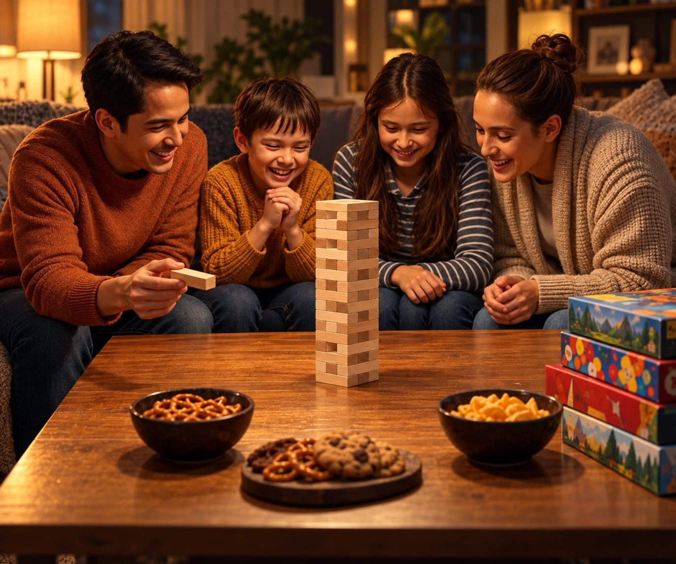 Family enjoying a block-stacking game, with board games stacked nearby