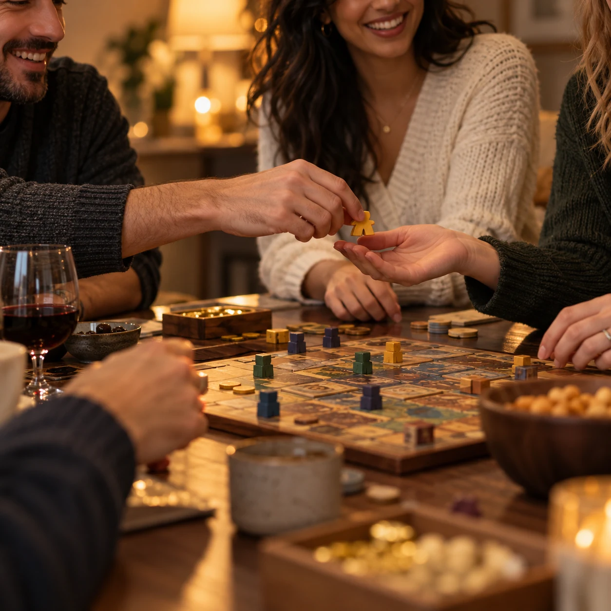 Friends sharing a game-night moment over a board game
